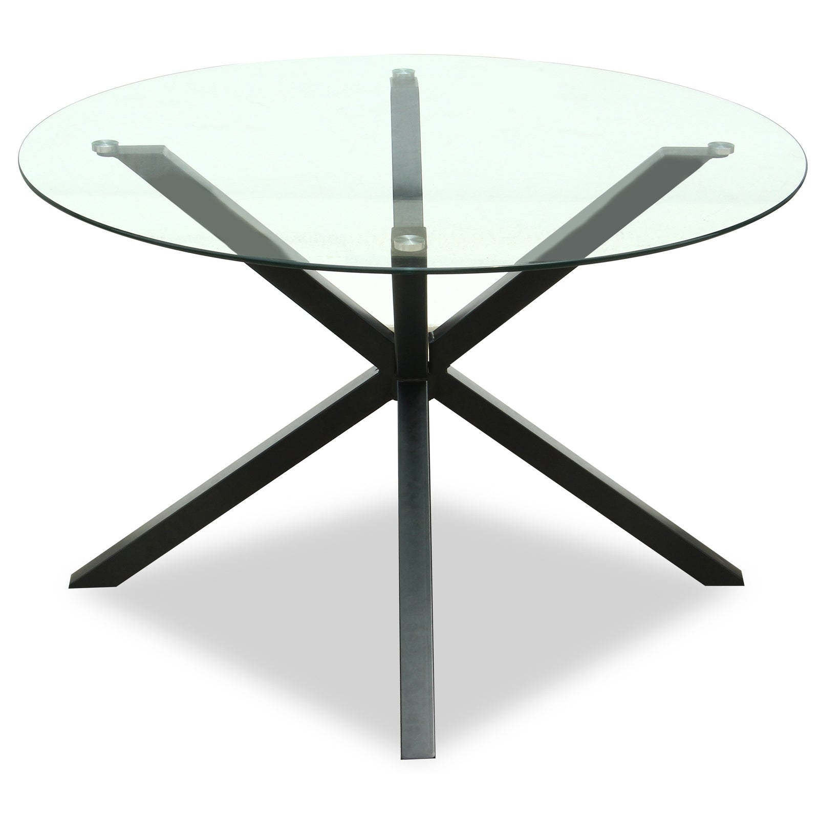 Round glass dining table by Hill Interiors with sleek metal legs, perfect for modern dining rooms.