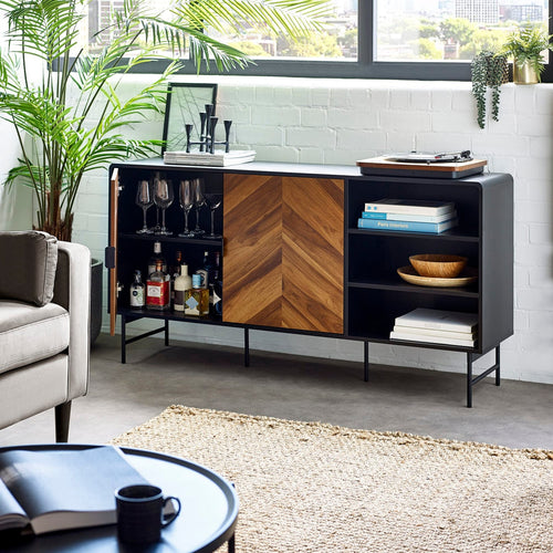 Alvin Black & Natural Wood-Effect Sideboard | Modern Chevron Cabinet