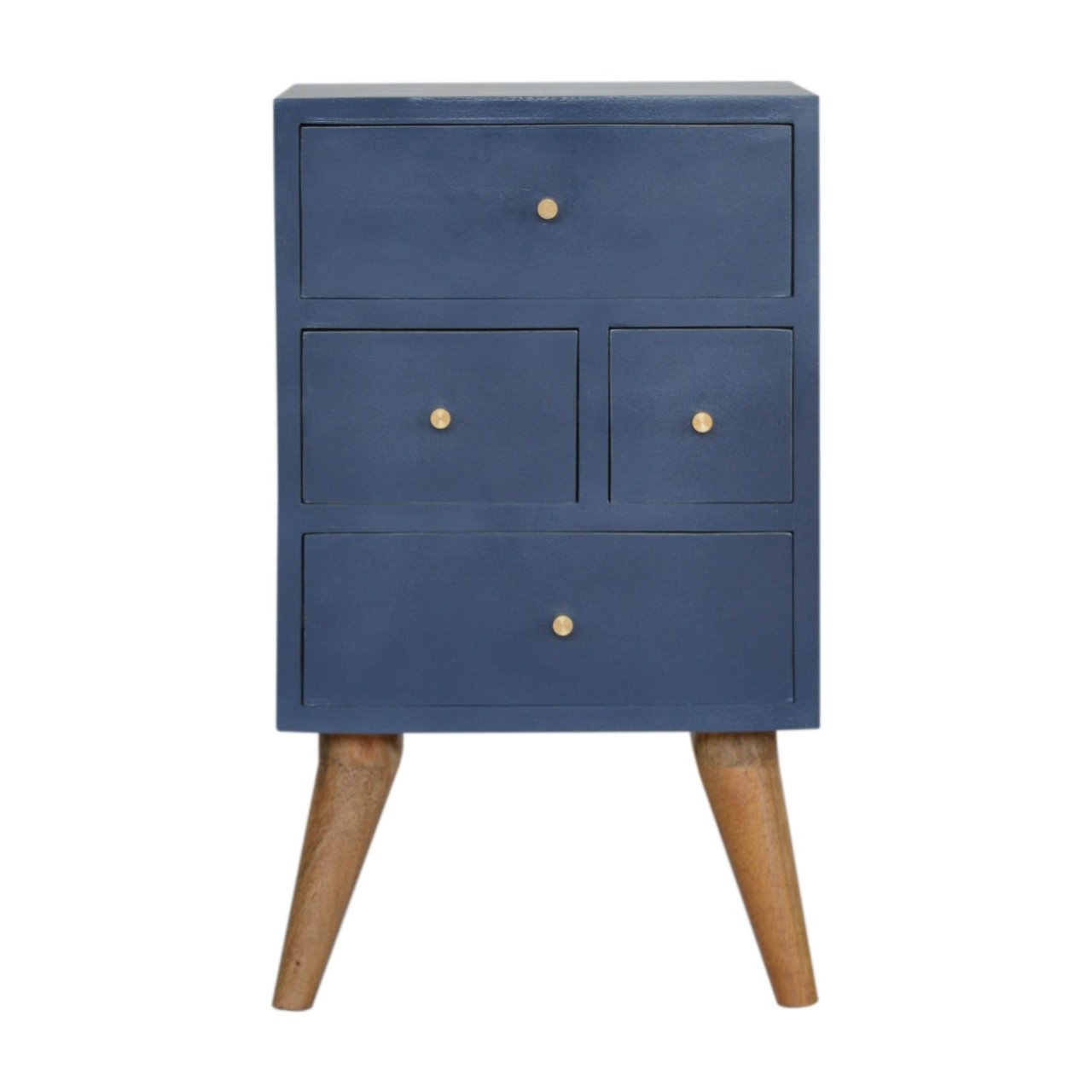 Navy four-drawer Artisan bedside table with sleek design and modern metal handles, ideal for bedroom storage and decor.