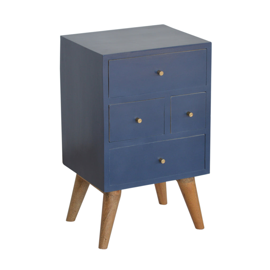 Navy Artisan 4-drawer bedside table with sleek design and wooden legs, ideal for bedroom storage and decor.