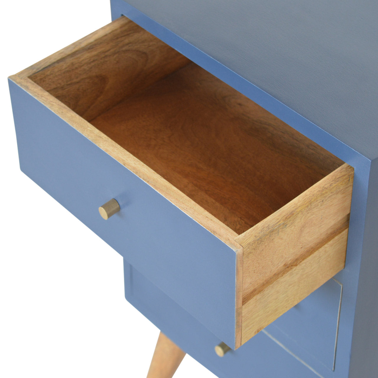 Navy Artisan 4-drawer bedside table with sleek design and wooden top, ideal for bedroom storage and decor.