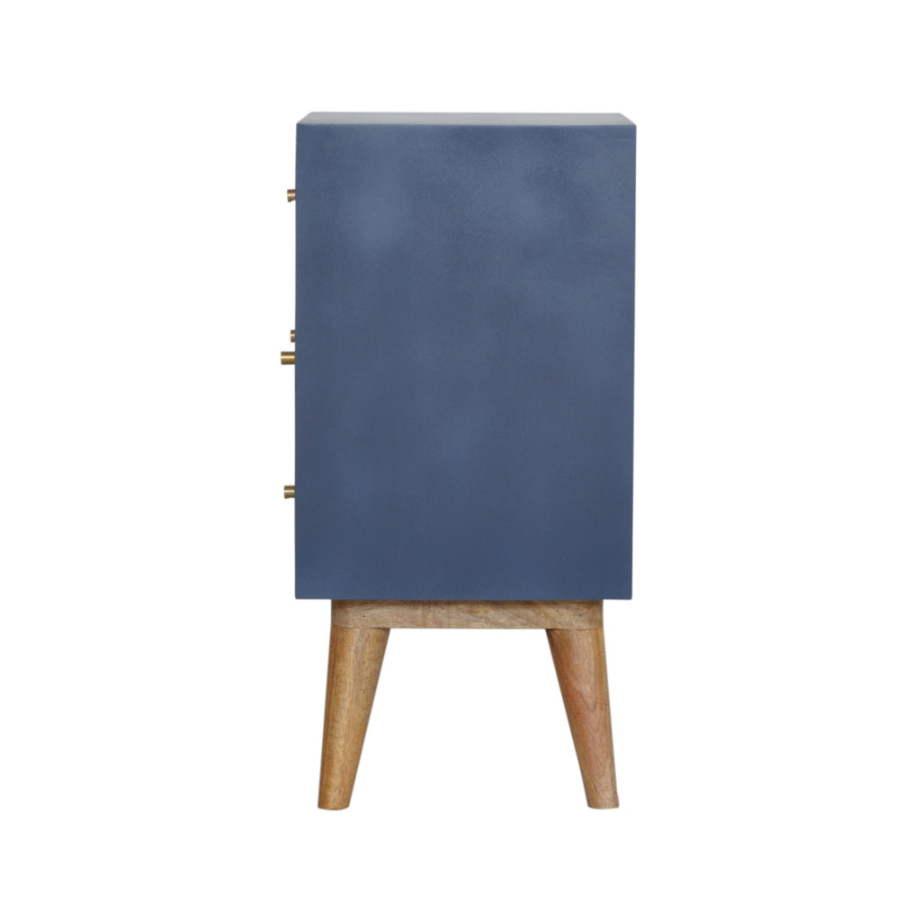 Navy Artisan 4-drawer bedside table with sleek wood finish and modern design, featuring silver handles and spacious drawers.