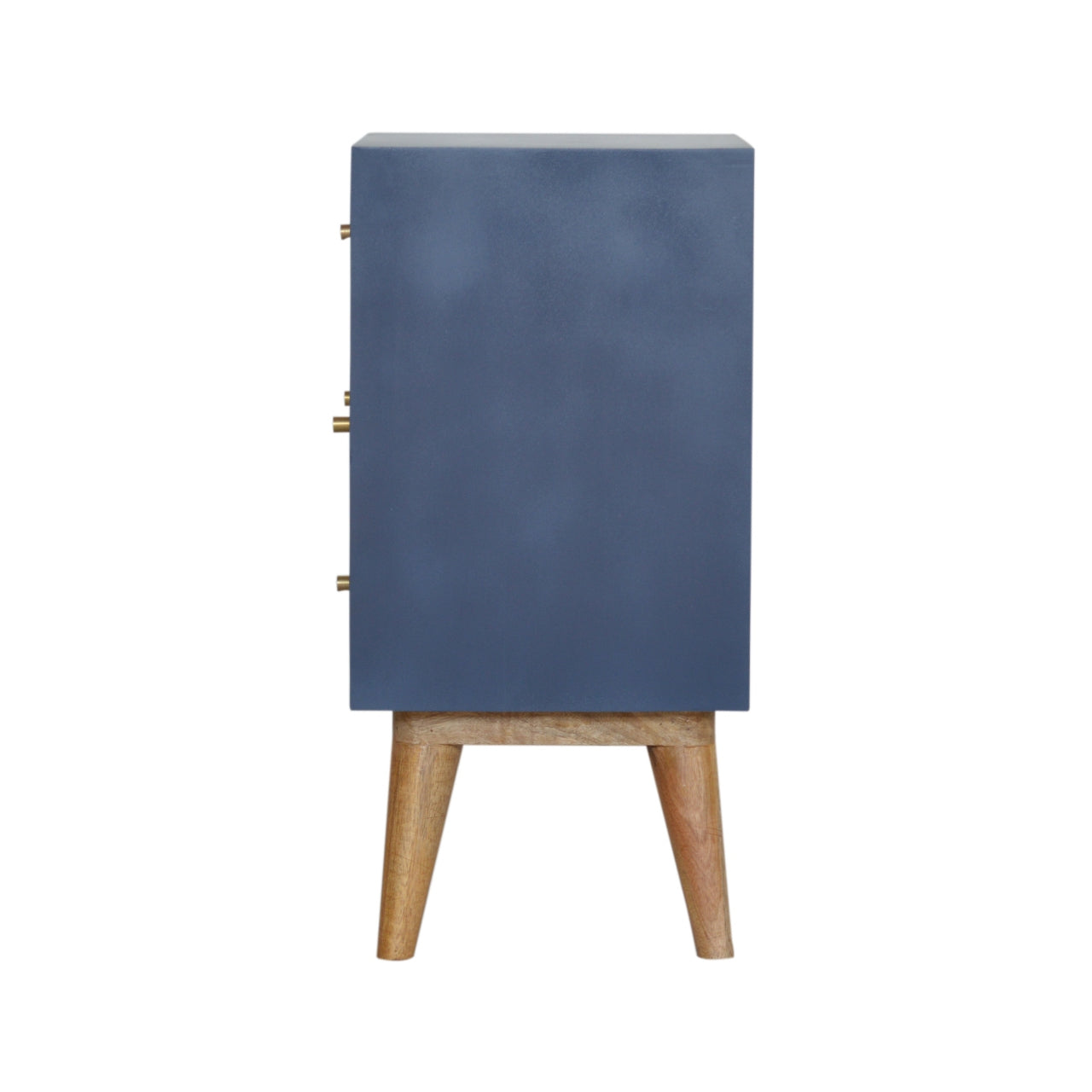 Navy Artisan 4-drawer bedside table with sleek wood finish and modern design, featuring silver handles and spacious drawers.