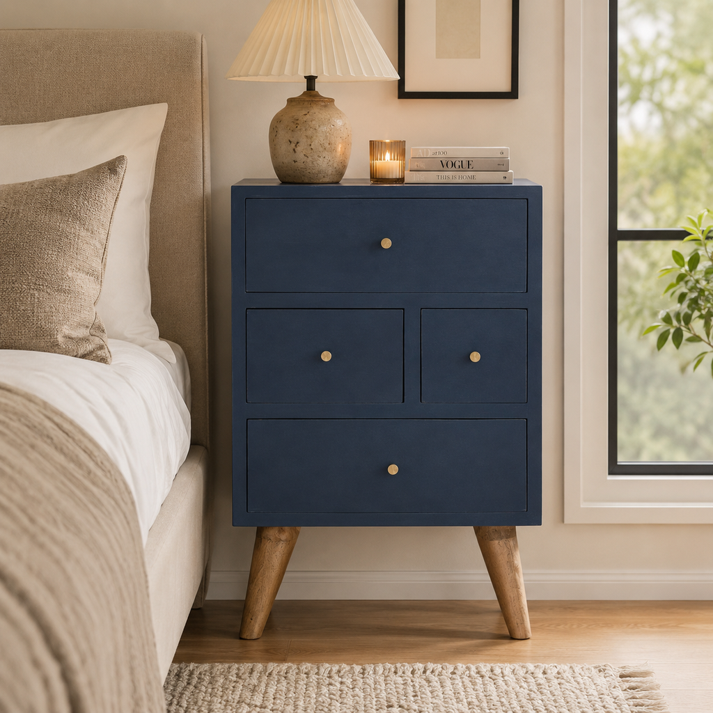 Artisan navy 4-drawer bedside table with sleek design and wooden handles, perfect for bedroom storage.
