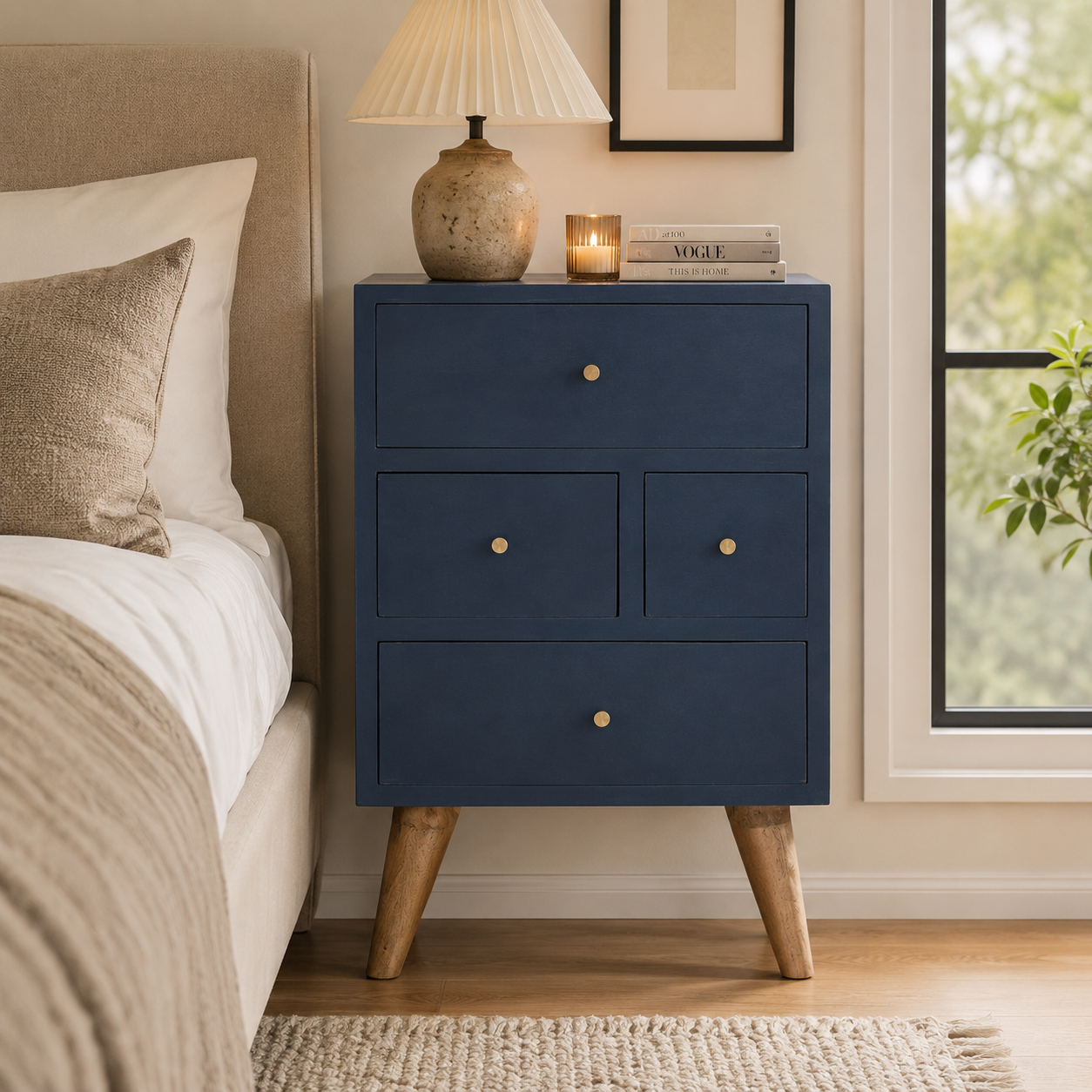 Artisan navy 4-drawer bedside table with sleek design and wooden handles, perfect for bedroom storage.