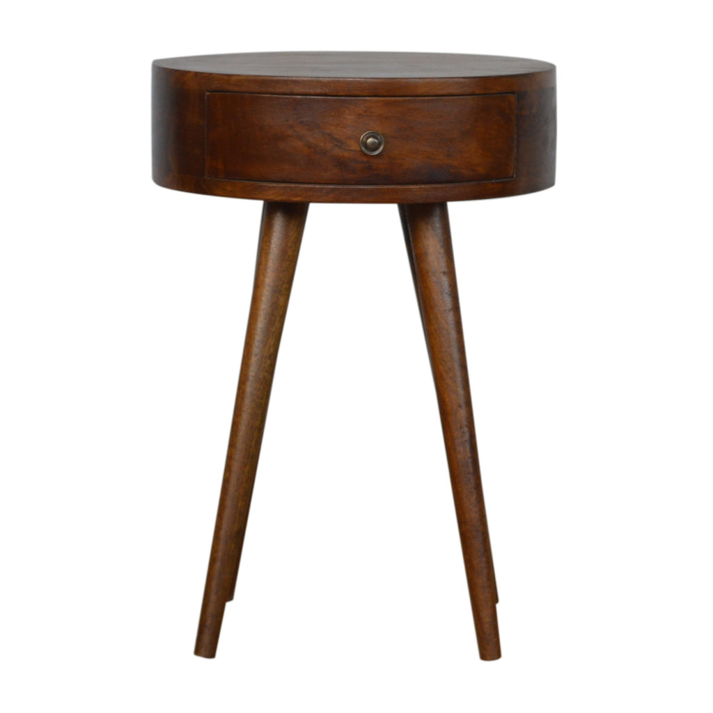 Artisan Nordic Chestnut Circular Bedside Table with wooden finish and modern design, featuring a round top and sturdy base.