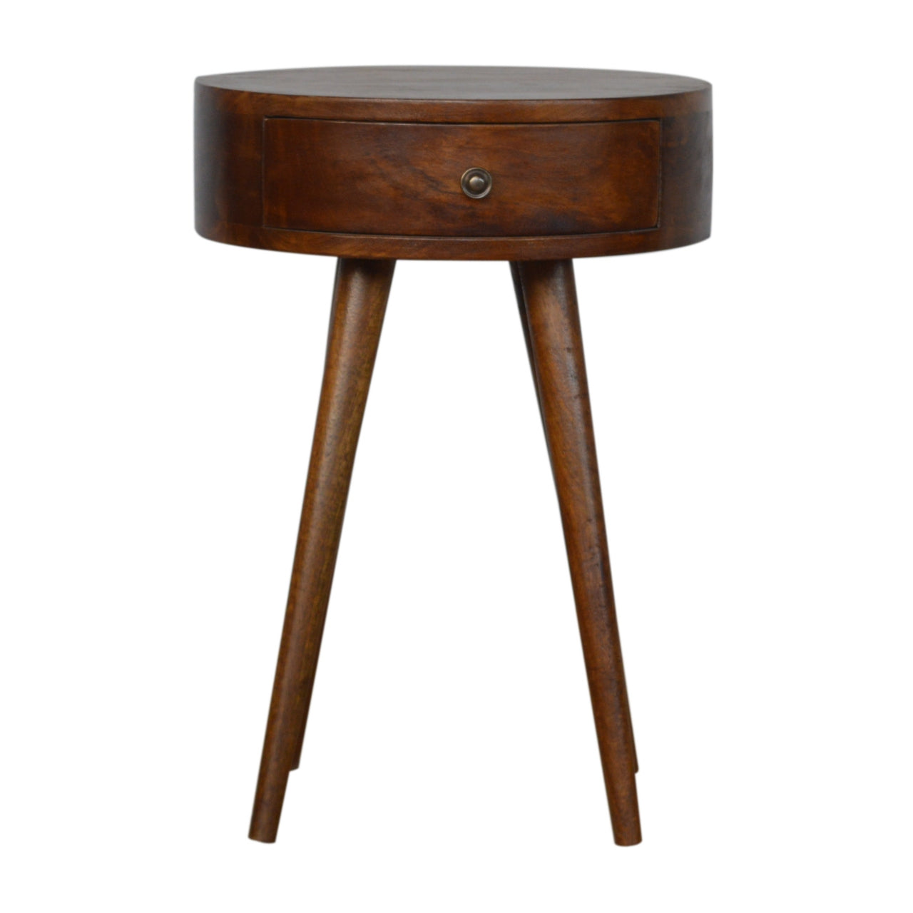 Artisan Nordic Chestnut Circular Bedside Table with wooden finish and modern design, featuring a round top and sturdy base.