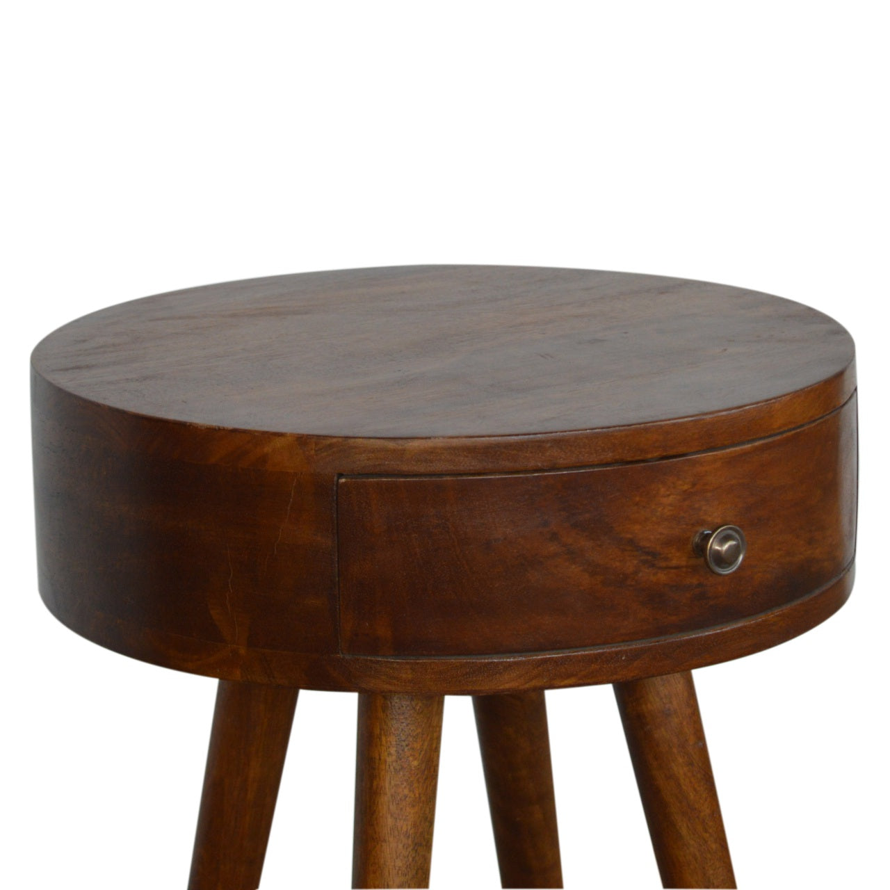 Artisan Nordic Chestnut Circular Bedside Table with wood finish and modern design, showcasing its smooth round surface and sleek legs.