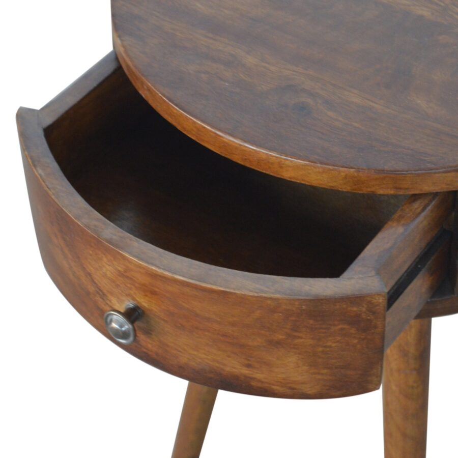 Artisan Nordic Chestnut Circular Bedside Table with smooth wood finish and modern design, showing the round tabletop and sturdy base.