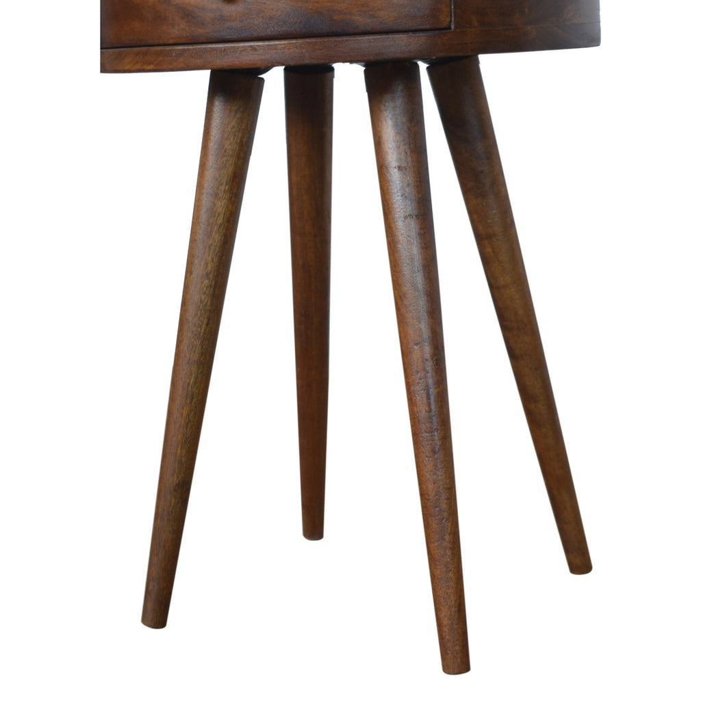 Artisan Nordic Chestnut Circular Bedside Table with wood finish and minimalist design, featuring a smooth round surface and sturdy base.