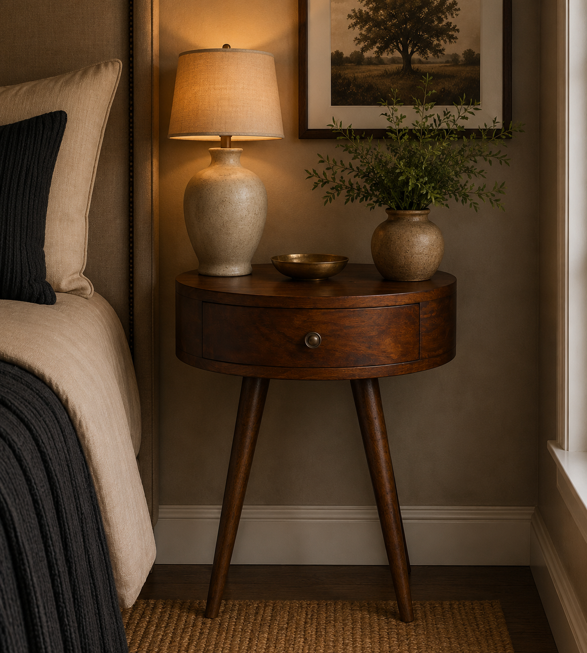 Artisan Nordic Chestnut Circular Bedside Table with wood finish and simple design, perfect for bedroom decor.
