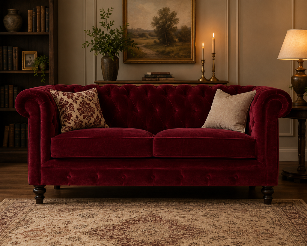 Artisan velvet Chesterfield sofa with deep button tufting, rolled arms, and plush cushioning in a luxurious fabric.