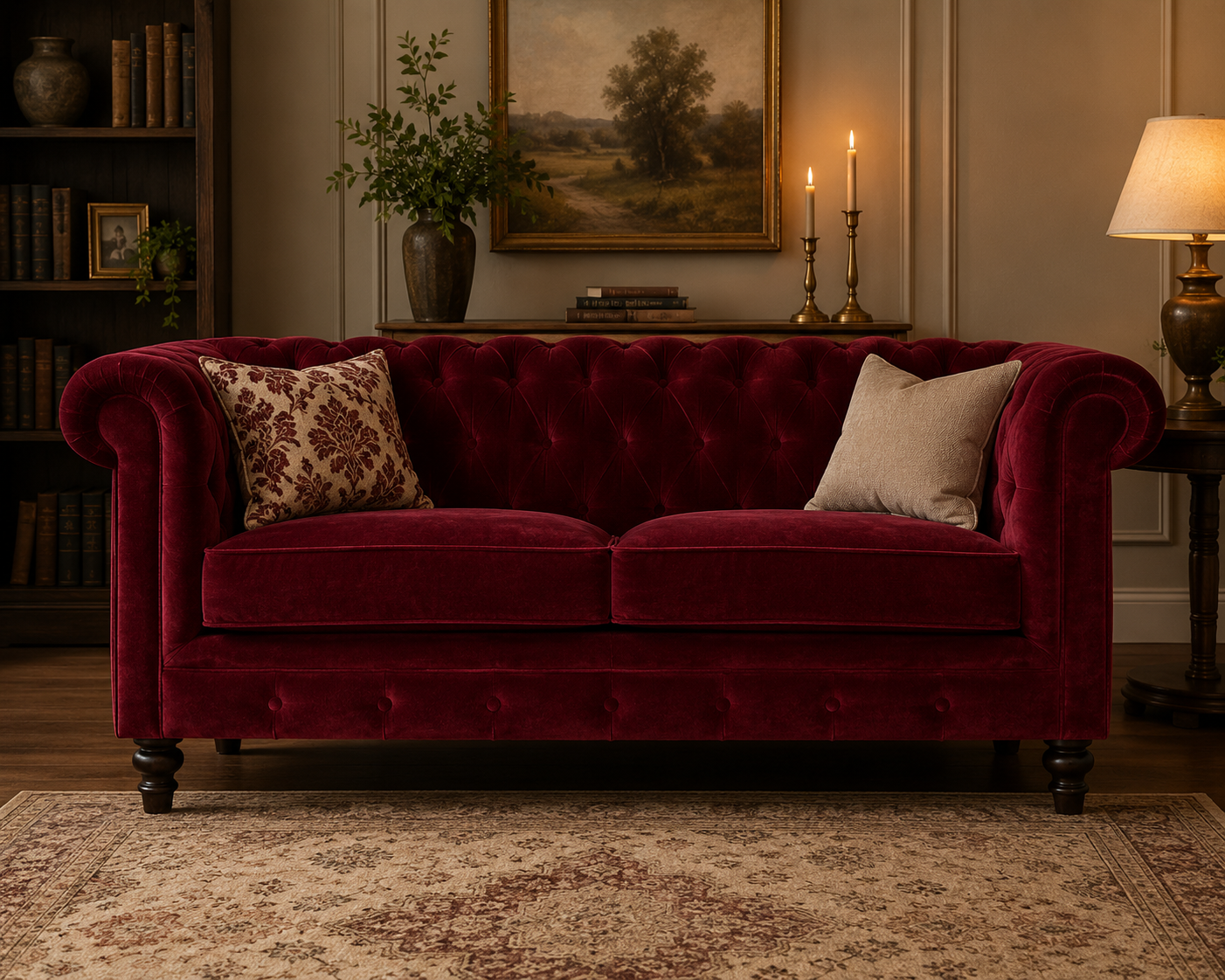 Artisan velvet Chesterfield sofa with deep button tufting, rolled arms, and plush cushioning in a luxurious fabric.