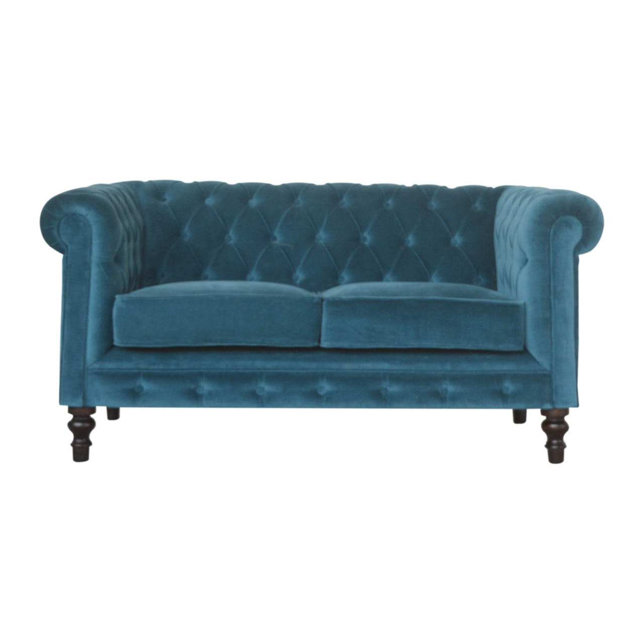 Artisan velvet Chesterfield sofa with deep button tufting and rolled arms, showcasing luxurious, soft fabric and classic design.