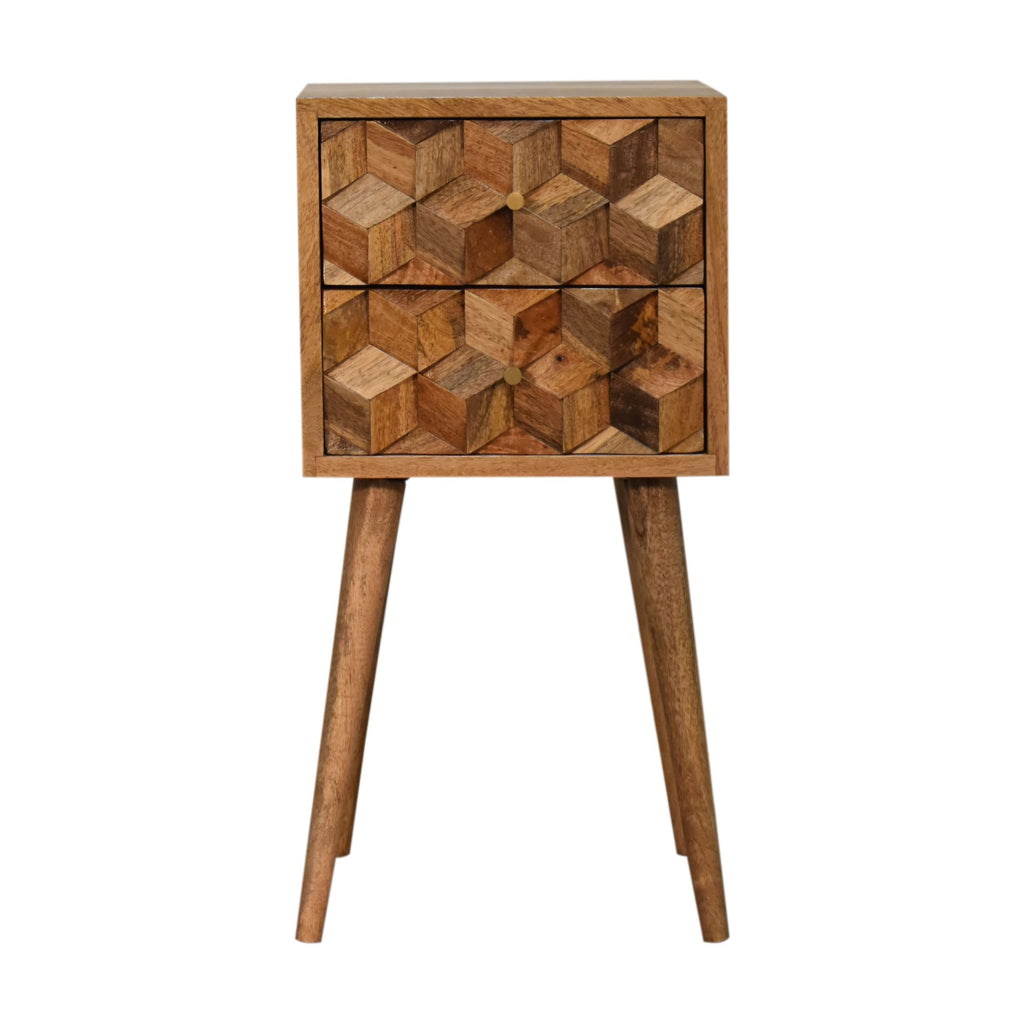 Artisan Nordic ChestMini carved cube bedside table with two drawers, modern side table for bedroom storage and decor.