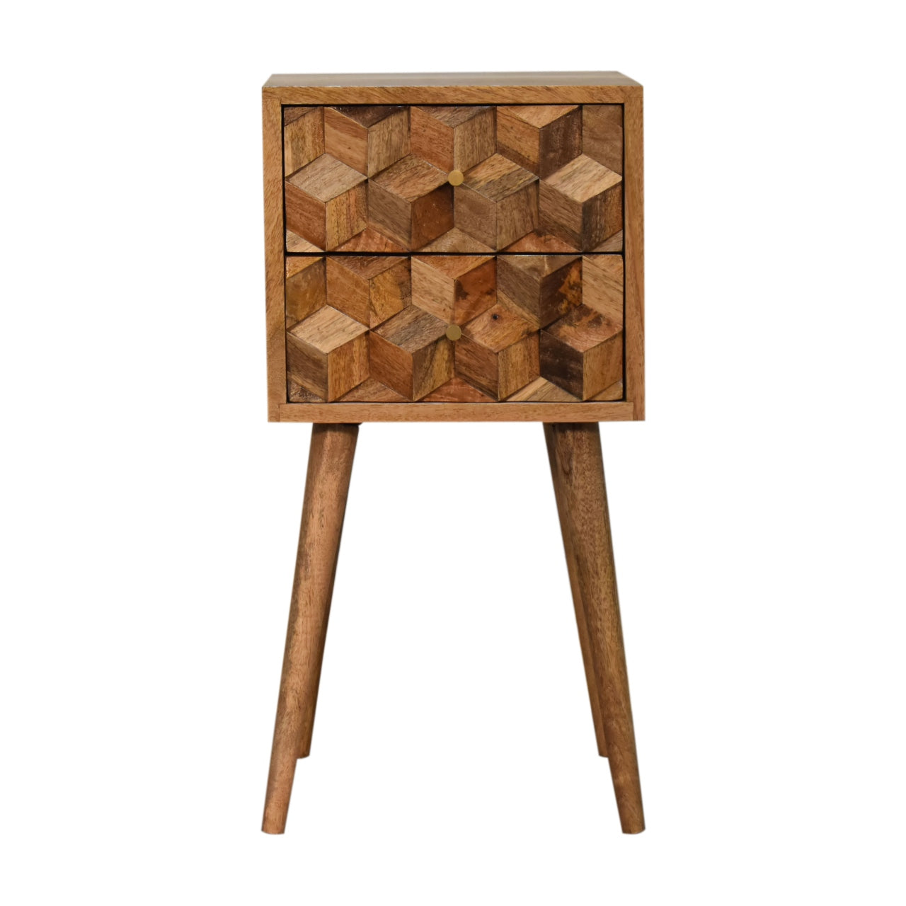 Artisan Nordic ChestMini carved cube bedside table with two drawers, modern side table for bedroom storage and decor.