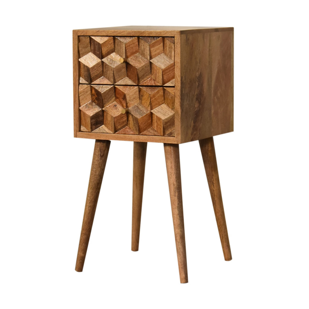 Artisan Nordic ChestMini carved cube bedside table with two drawers, featuring a modern design and natural wood finish.