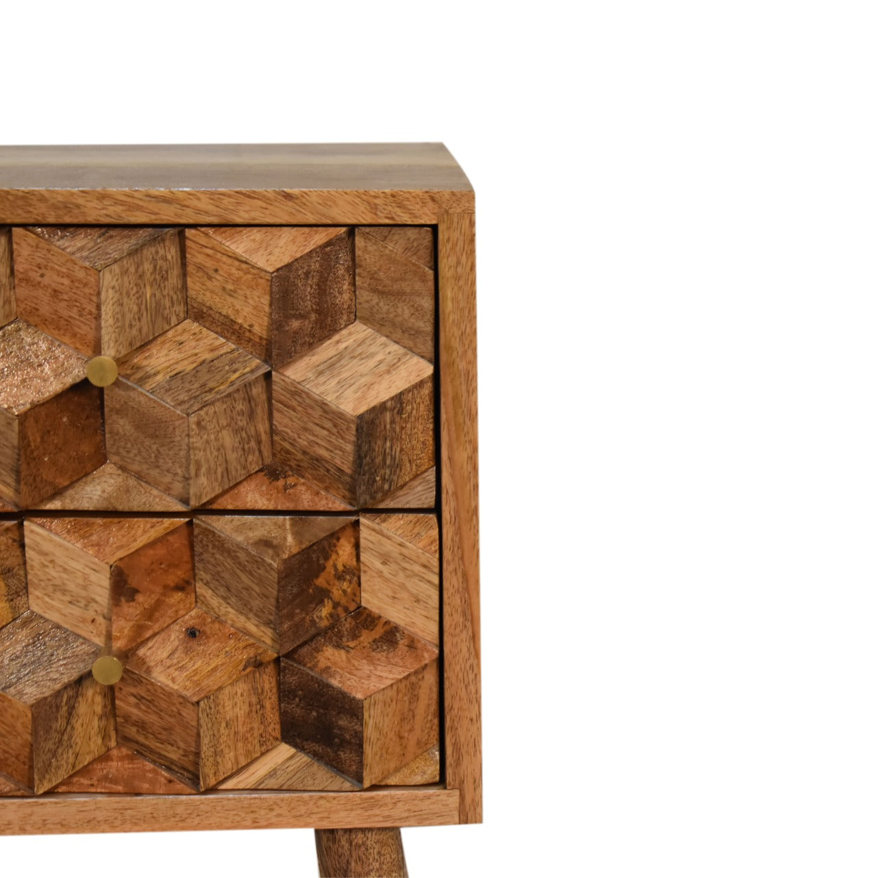 Artisan Nordic ChestMini cube bedside table with two carved drawers, modern wooden design, suitable for bedroom decor.