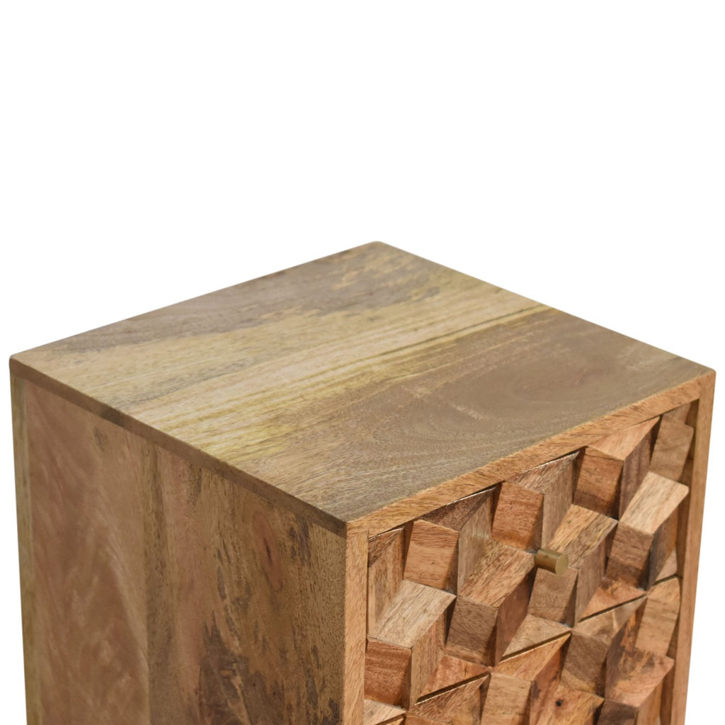 Artisan Nordic ChestMini carved cube bedside table with two drawers, modern wooden side table for bedroom storage.