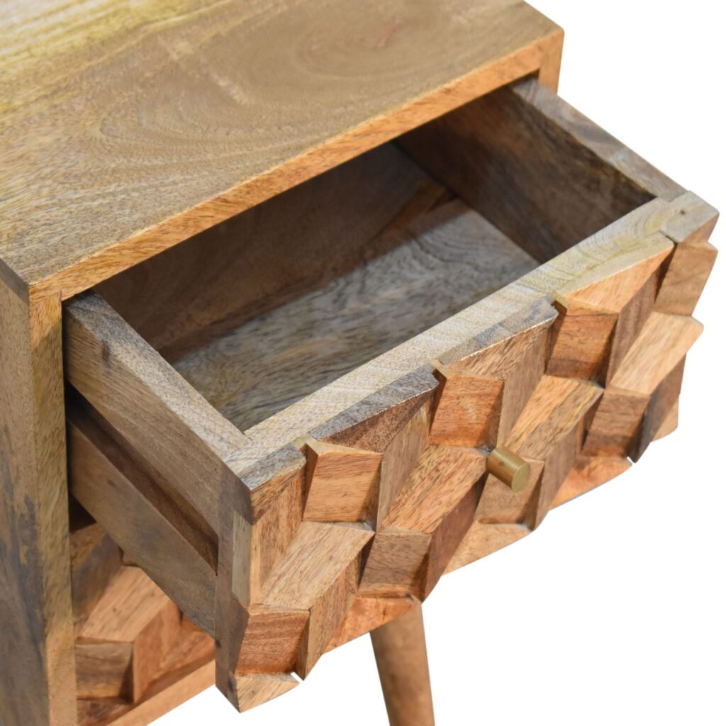 Artisan Nordic ChestMini carved cube bedside table with two drawers, modern wood finish, and sleek design for bedroom storage.