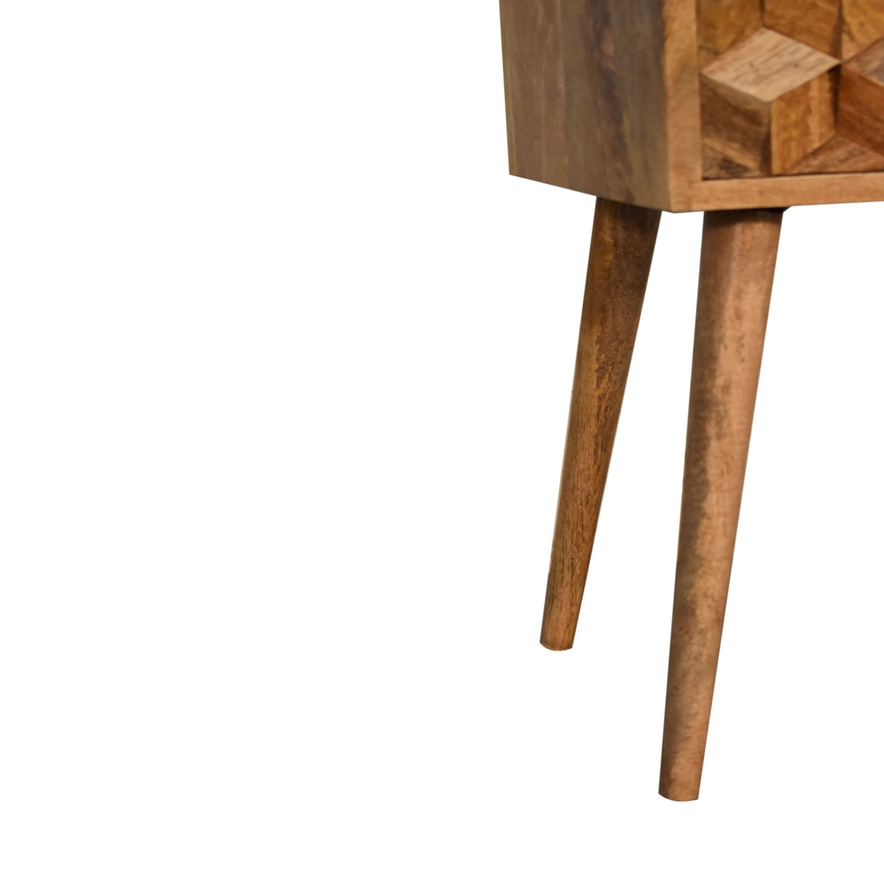 Artisan Nordic ChestMini Cube carved bedside table with two drawers, modern design and natural wood finish.