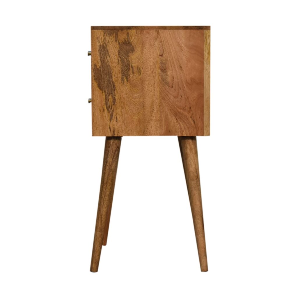 Artisan Nordic ChestMini Cube carved bedside table with two drawers, featuring a minimalist design and natural wood finish.