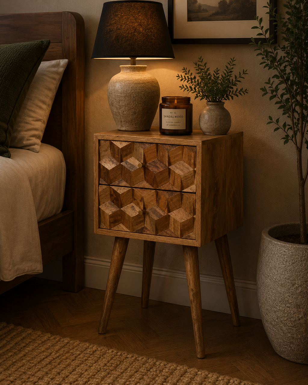 Artisan Nordic ChestMini Cube carved bedside table with two drawers, modern wooden design for bedroom storage.