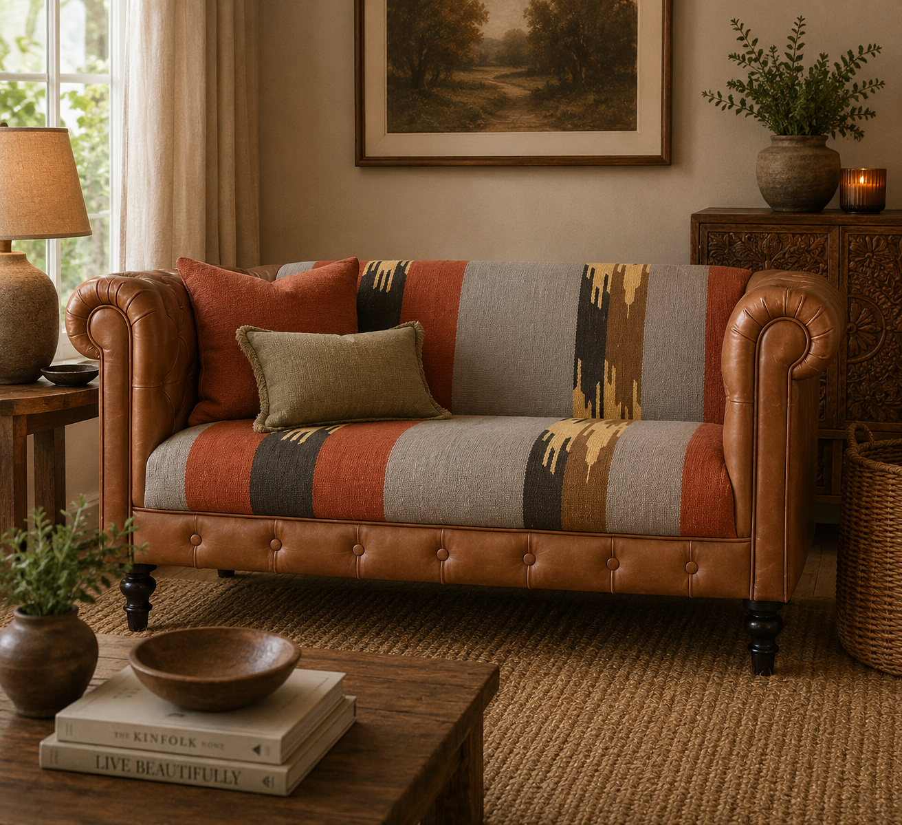 Durrie & Leather Mixed Sofa