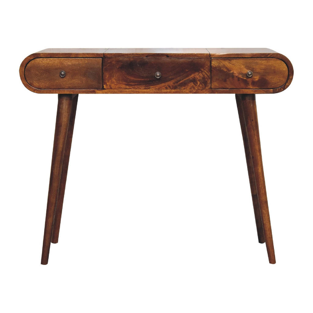 Artisan Chestnut Mirror Dressing Table with a large mirror and spacious drawers, crafted from wood with a smooth finish.