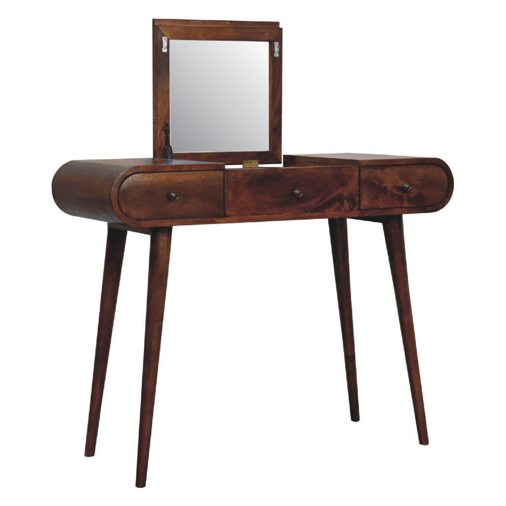 Artisan Chestnut Mirror Dressing Table with elegant wooden desk and attached mirror, perfect for bedroom decor and storage.