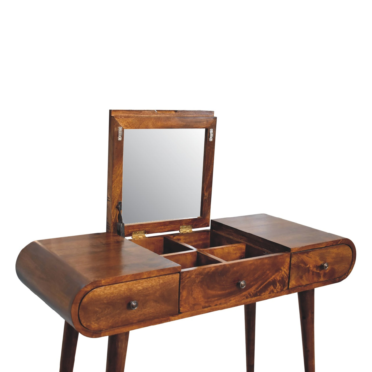 Artisan Chestnut Mirror Dressing Table with attached mirror and multiple drawers, wooden desk and dresser for bedroom storage.