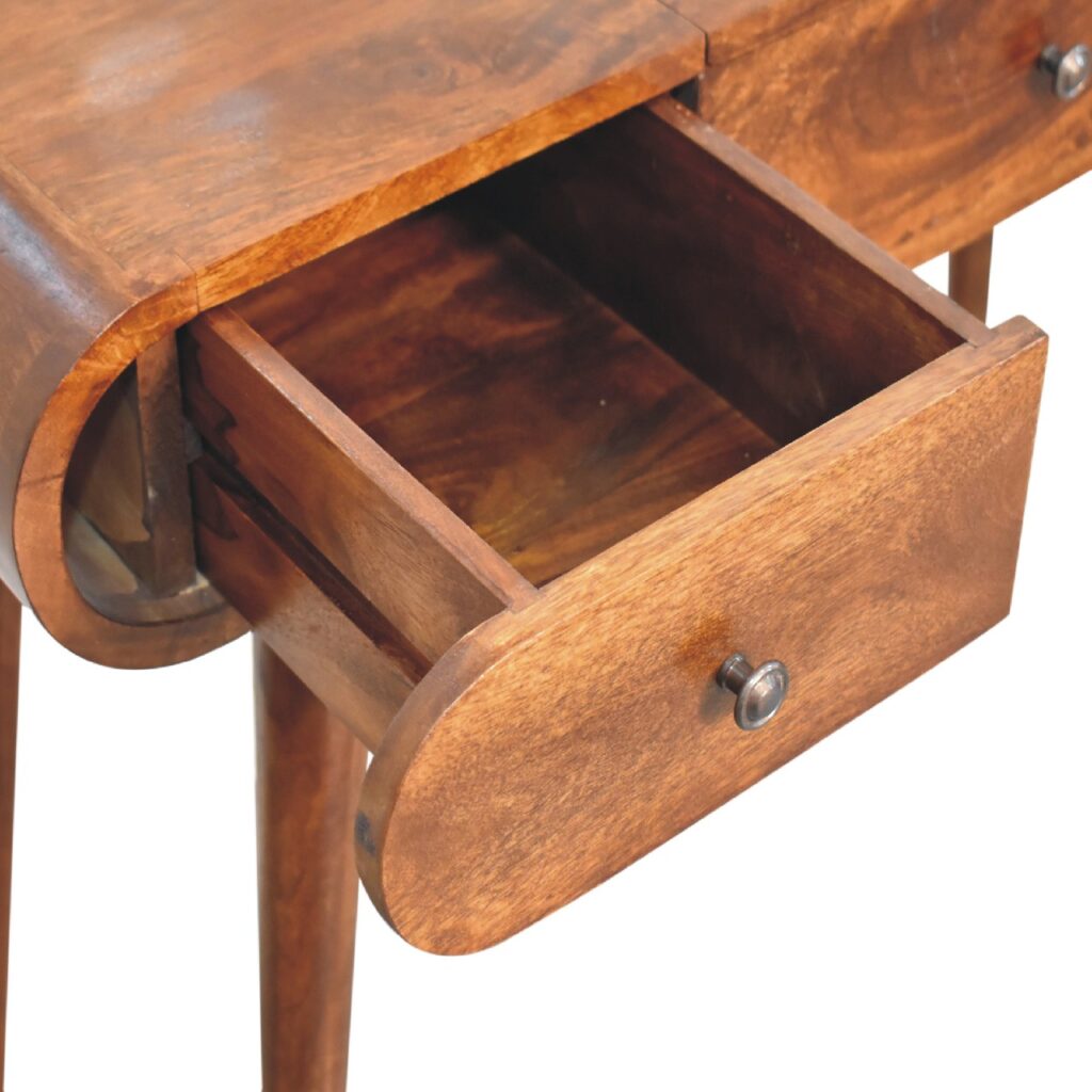 Artisan Chestnut Mirror Dressing Table with a sleek wooden desk and attached mirror, perfect for bedroom storage and style.