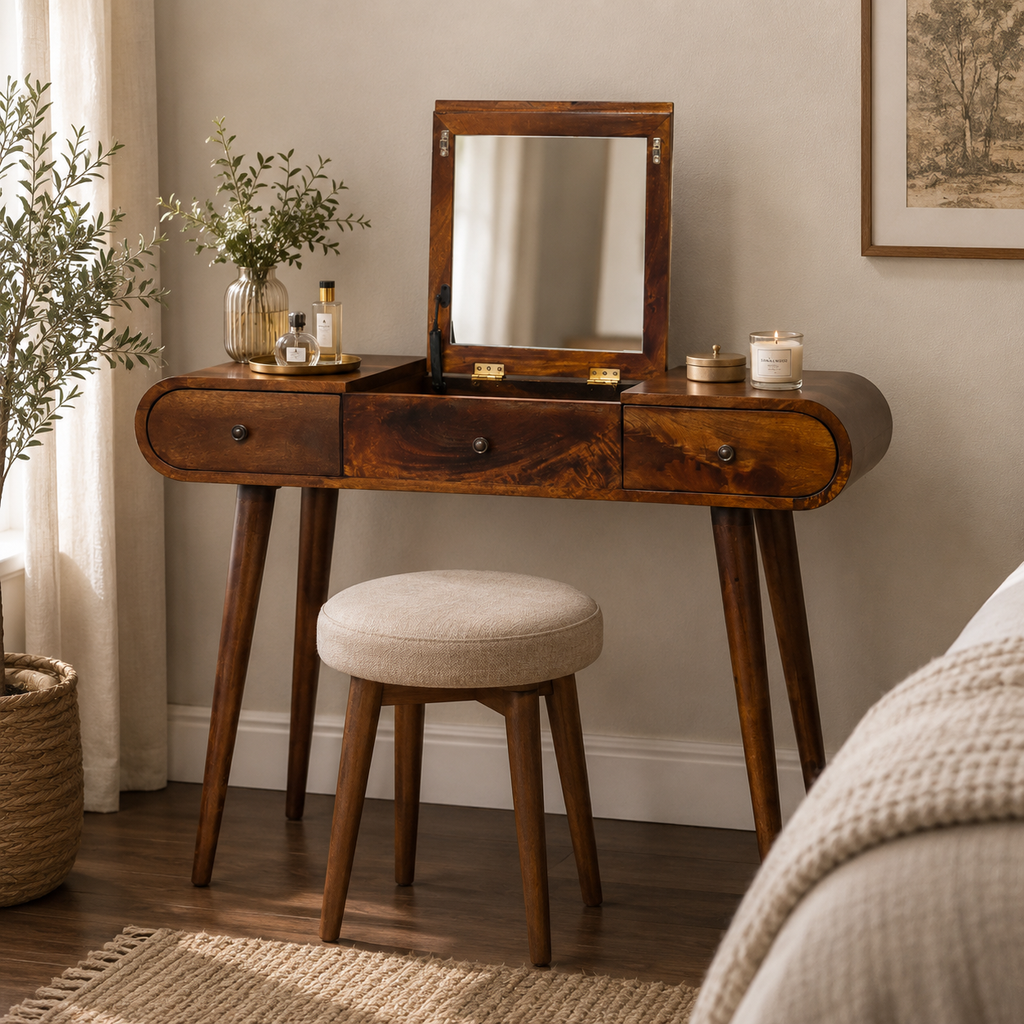 Artisan Chestnut Mirror Dressing Table with elegant wood finish, featuring a mirror and spacious drawers for stylish storage.