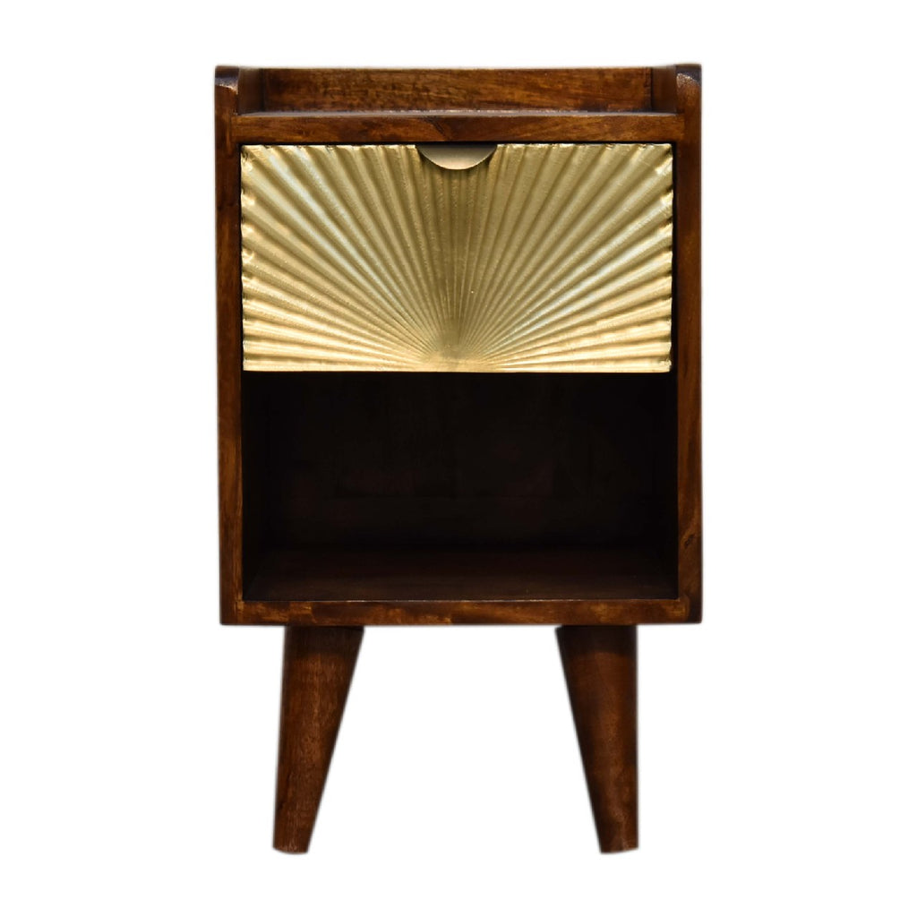 Artisan Mini Manila Gold 1 Drawer Bedside table with a sleek gold finish and modern design, featuring a single drawer and smooth surface.