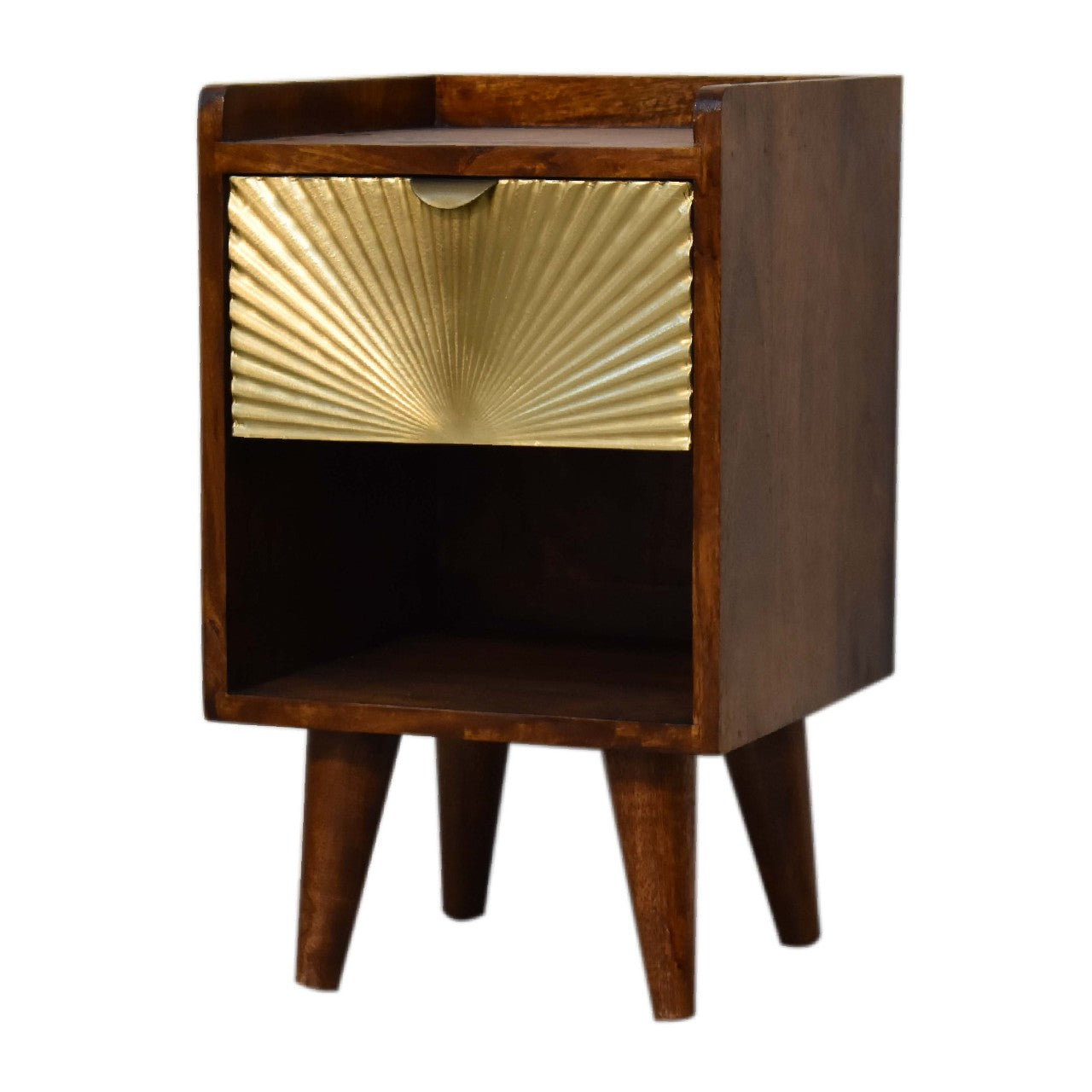 Artisan Mini Manila Gold 1 Drawer Bedside table with sleek design and gold finish, featuring a single drawer and modern style.