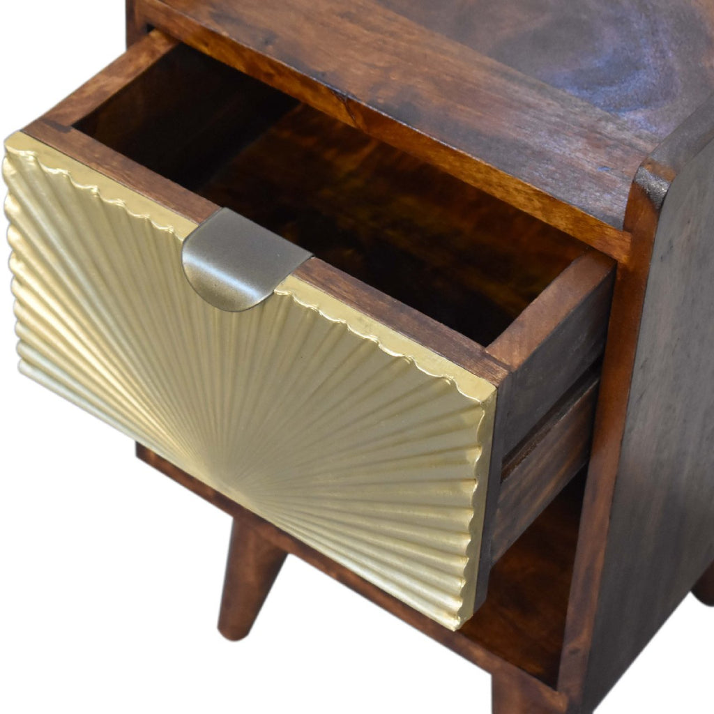 Artisan Mini Manila Gold 1 Drawer Bedside table with a sleek design and gold finish, showcasing its compact and stylish appearance.