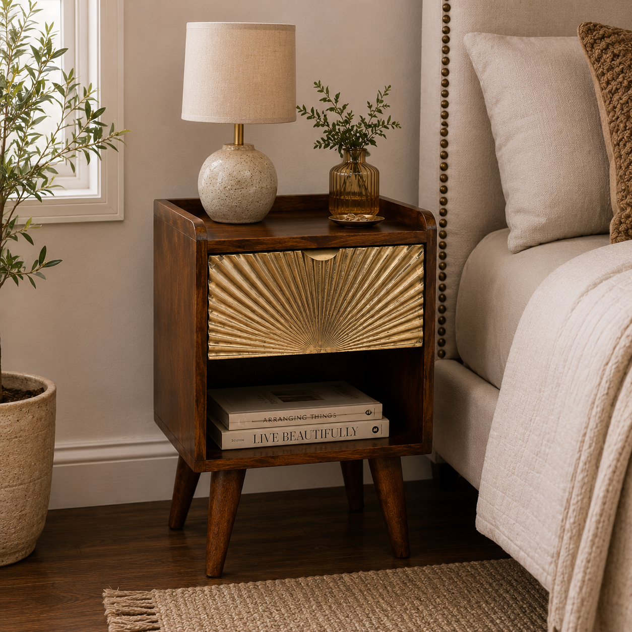 Artisan Mini Manila Gold 1 Drawer Bedside table with a sleek design and gold finish, featuring a single drawer and compact size.