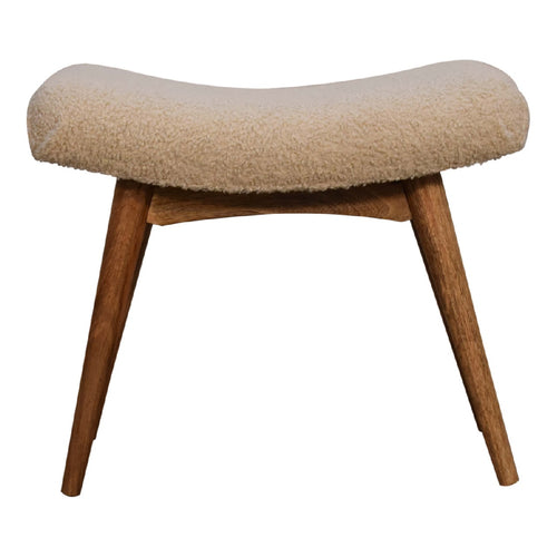 Artisan Boucle Cream Curved Bench stool with plush upholstery and wooden legs, stylish and comfortable for living room or entryway.