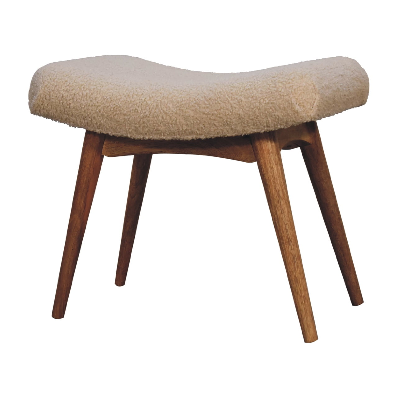 Artisan Boucle Cream Curved Bench stool with plush fabric upholstery and modern design, ideal for living room or entryway decor.