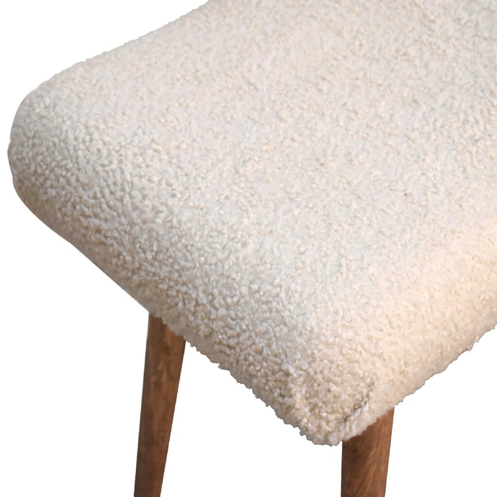 Artisan Boucle Cream Curved Bench stool with plush fabric and modern design, perfect for contemporary living spaces.
