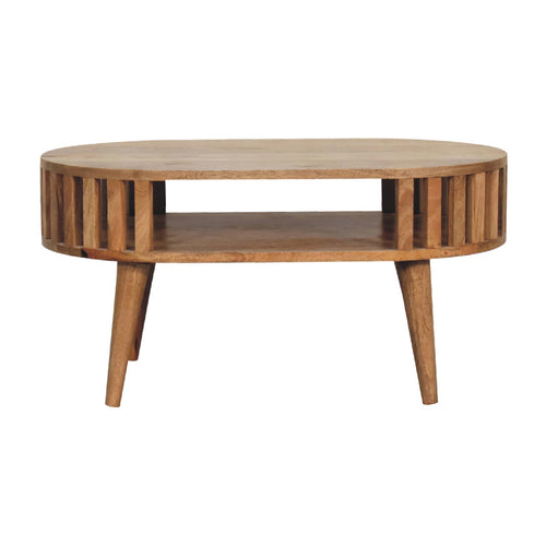 Artisan Ariella coffee table with a sleek wooden surface and modern design, perfect for contemporary living rooms.