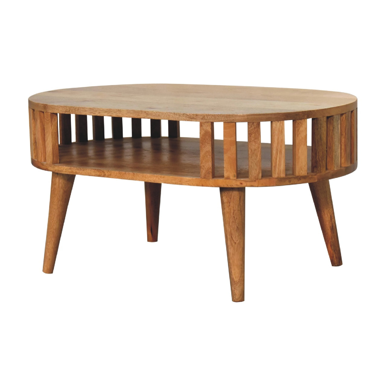 Artisan Ariella coffee table with a sleek wooden surface and modern design, placed in a contemporary living room setting.