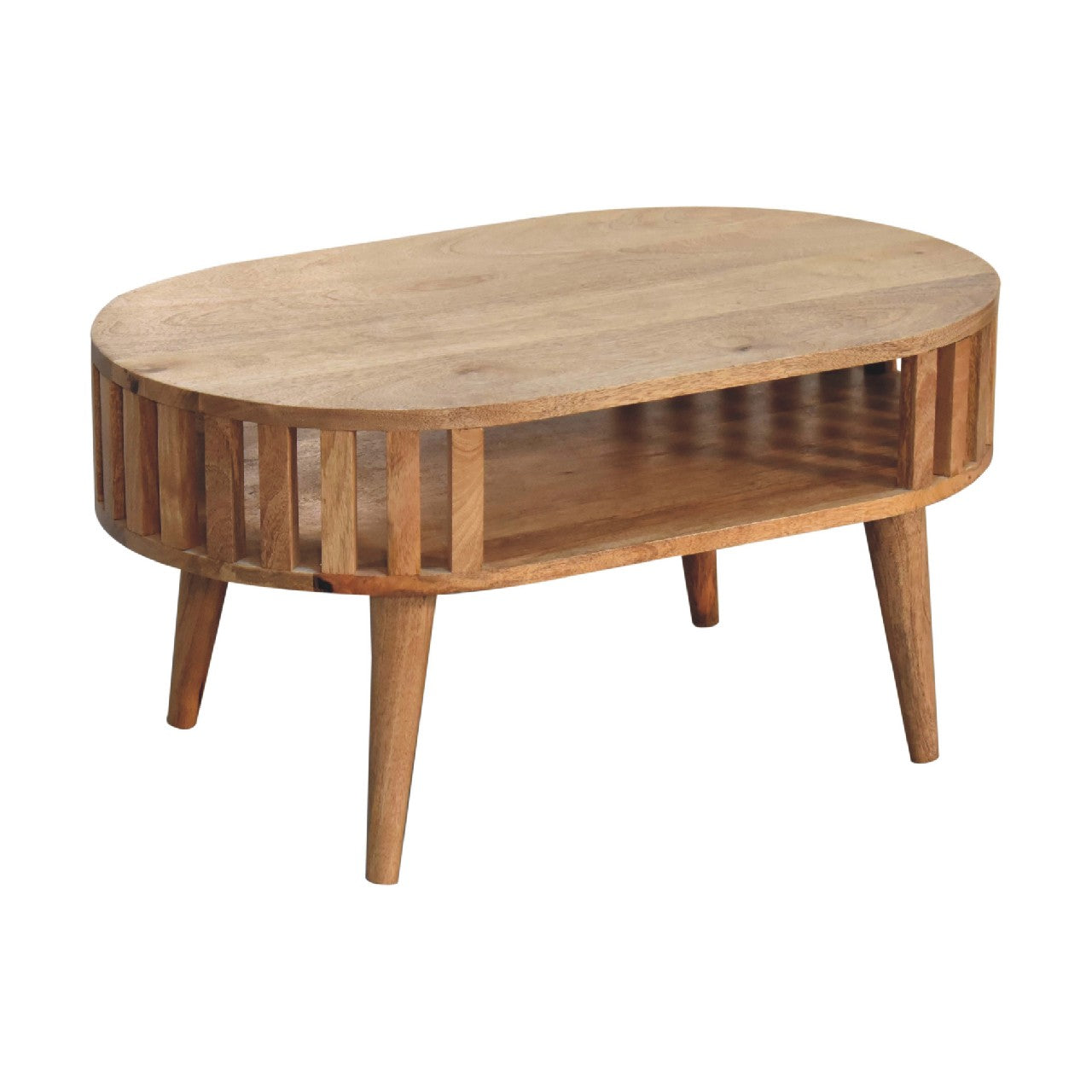 Artisan Ariella coffee table with a sleek wooden surface and modern design, placed in a contemporary living room setting.