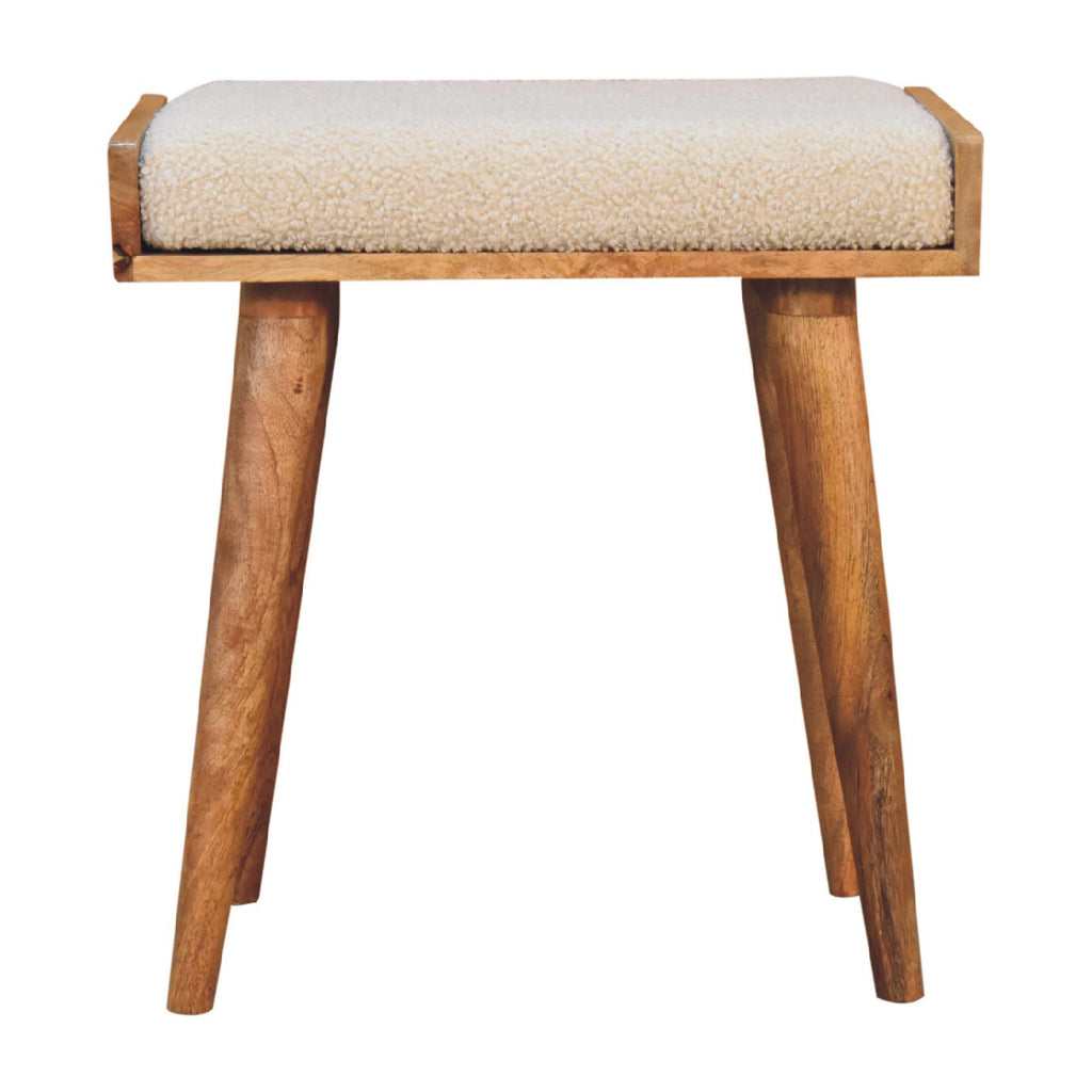 Artisan Boucle Cream Tray Style Footstool with upholstered boucle fabric and wooden legs, designed as a stylish stool for seating or decor.