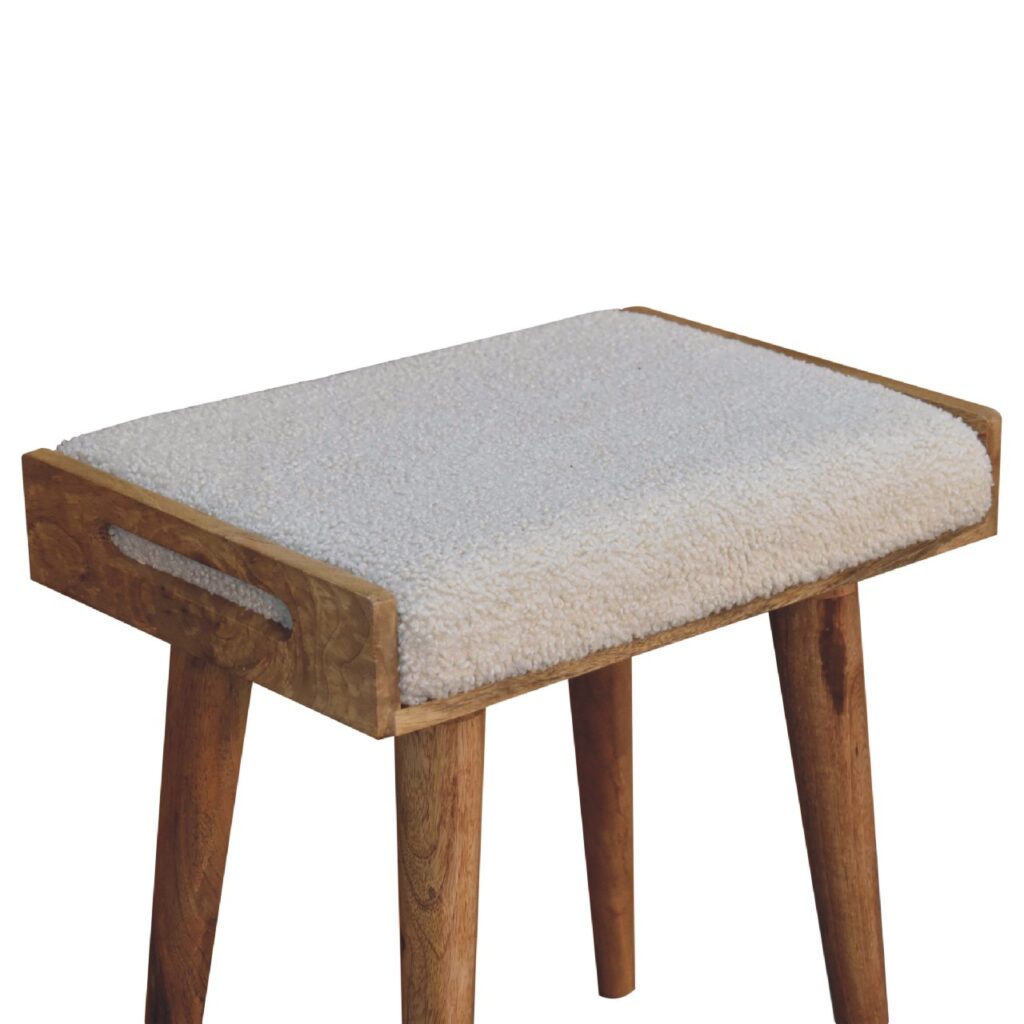 Artisan Boucle Cream Tray Style Footstool with rounded edges and soft boucle fabric, perfect for living room seating or decor.
