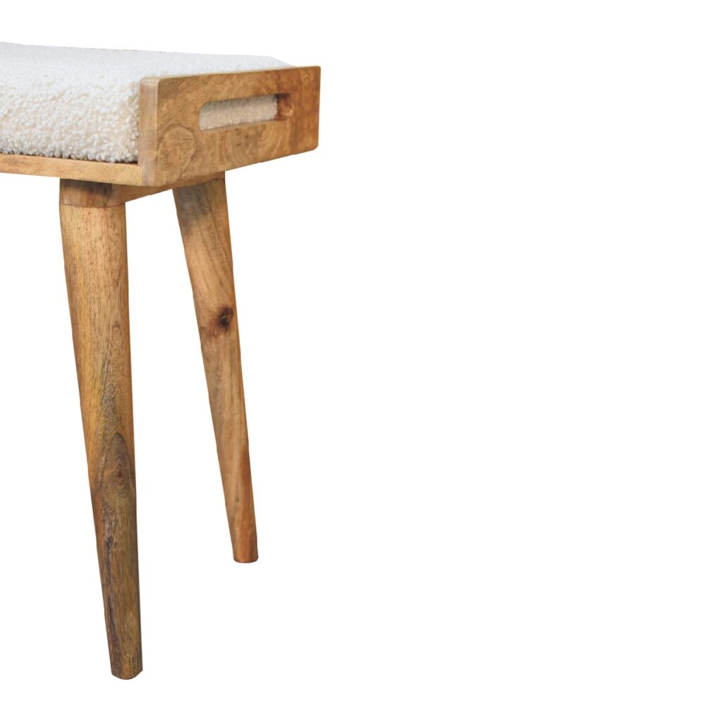Artisan boucle cream tray-style footstool with modern design, soft fabric upholstery, and sturdy wooden legs.
