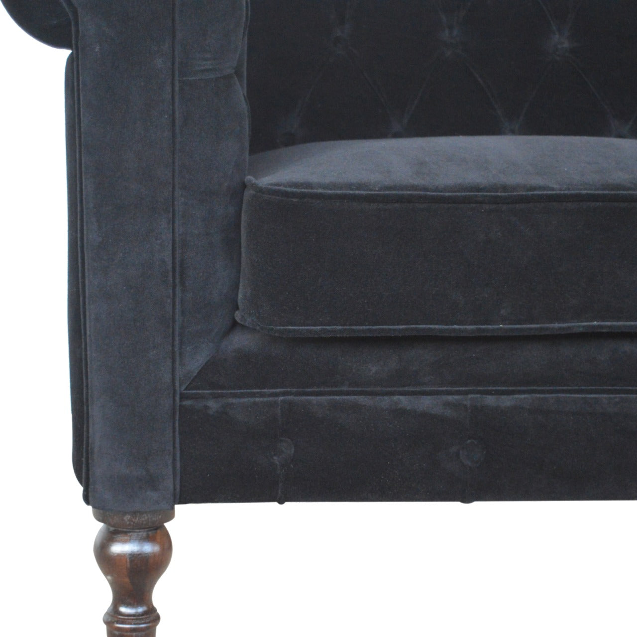 Artisan Velvet Chesterfield Sofa with tufted back and rolled arms, featuring plush upholstery and classic design.