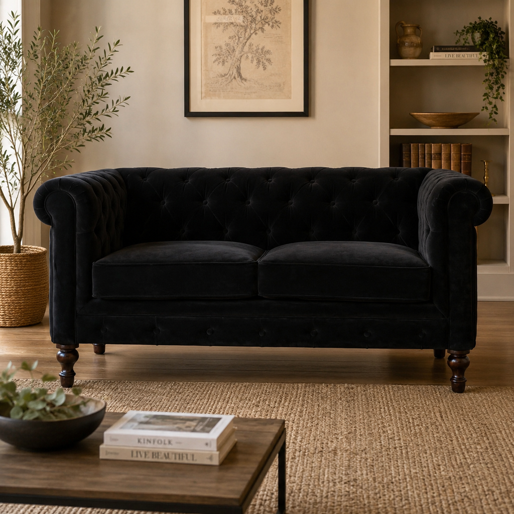 Artisan velvet Chesterfield sofa with deep button tufting and rolled arms, showcasing luxurious upholstery and classic design