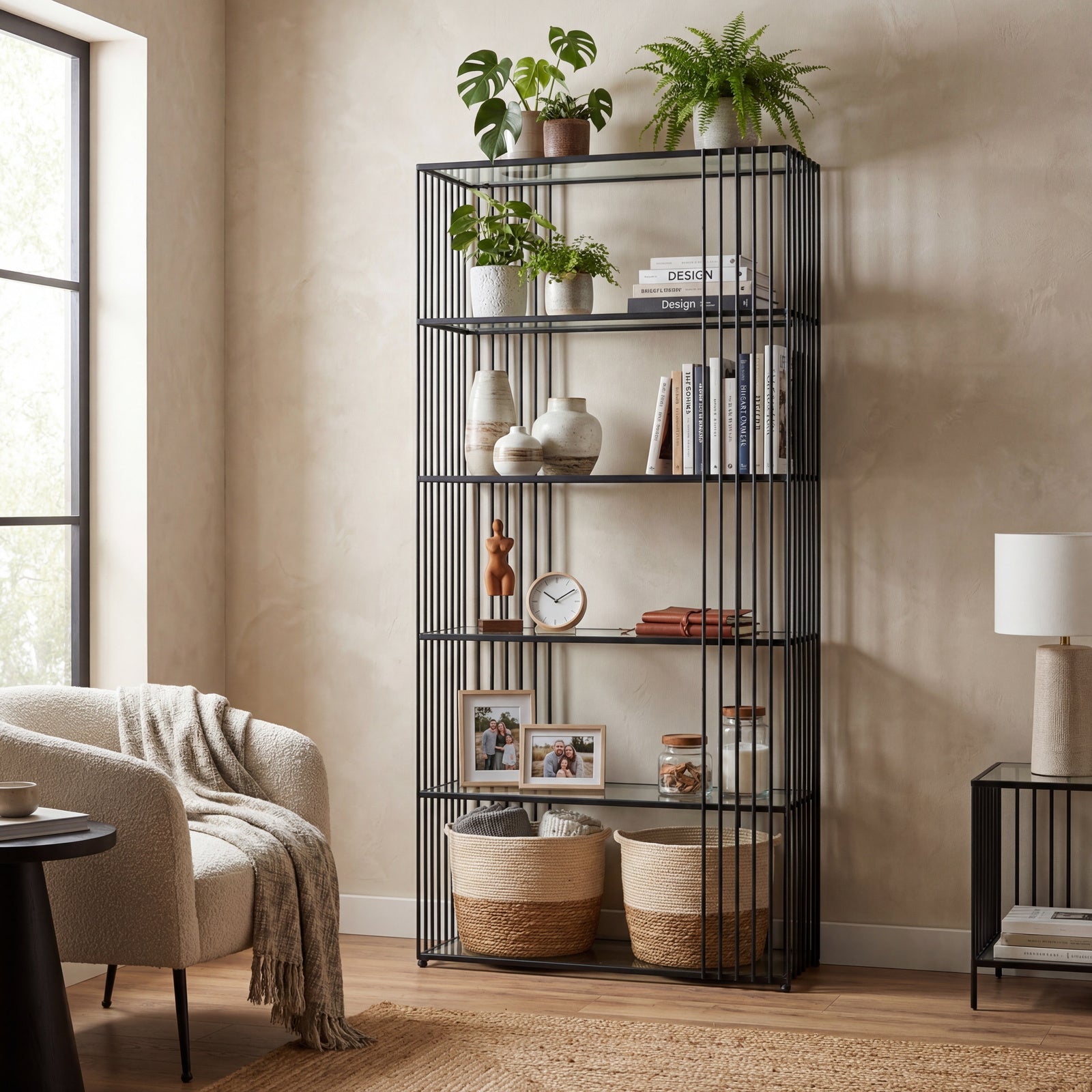 Front view of the tall Alto black metal display shelf unit with clear glass shelves on a neutral background.