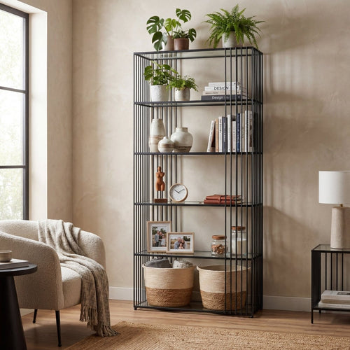 Alto Shelf Unit with glass shelves by Hill Interiors, showcasing a modern storage and sideboard piece with sleek glass surfaces.